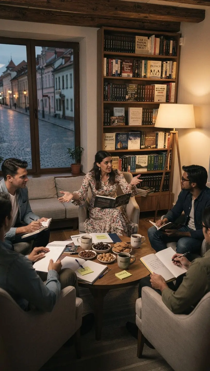 Obrázek rodiny diskutující o finančním plánu v obývacím pokoji.